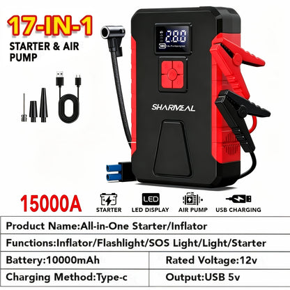 Portable Jump Starter 15000A-19000A Peak | 17-in-1 with 350PSI Air Compressor, 12V Car Battery Charger, LED Light, Digital Display – Emergency Kit for Cars, Trucks & SUVs