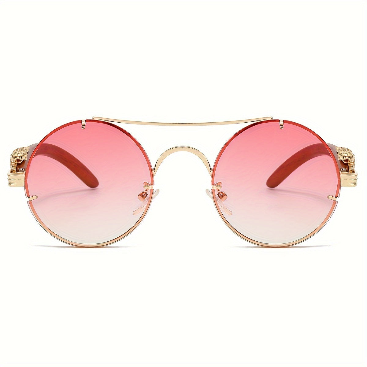 Round Metal Frame Gradient Sunglasses for Men & Women – Luxury Double Bridge, Leopard Detail Hinges, Gradient PC Lenses, Includes Case, Chic Vacation & Street Style Eyewear