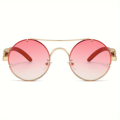 Round Metal Frame Gradient Sunglasses for Men & Women – Luxury Double Bridge, Leopard Detail Hinges, Gradient PC Lenses, Includes Case, Chic Vacation & Street Style Eyewear