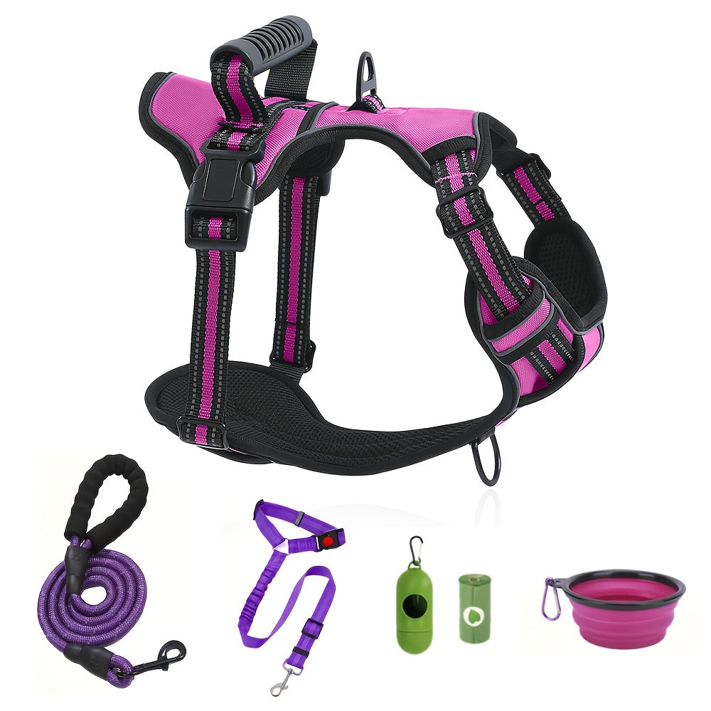 No-Pull Dog Harness & Leash Set 6-in-1 – Reflective No-Choke Oxford Vest with Dual Leash Clips & Easy Control Handle for Small Medium Large Dogs, 5 Colors XS to XL