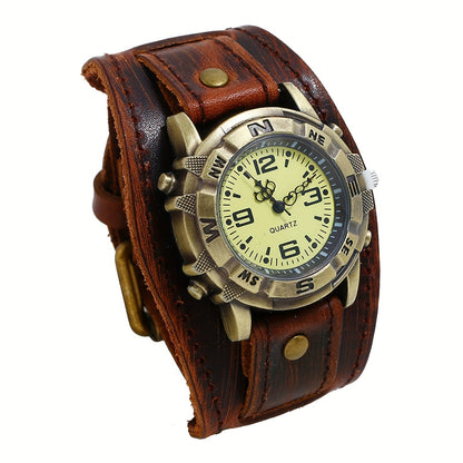 Vintage Steampunk Wide Leather Strap Analog Quartz Watch for Men Women – Unisex Biker Style Round Case, Dark Brown Black Brown, Halloween Christmas Father's Day Gift