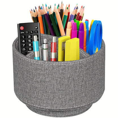 360° Swivel Pen Holder with 4 Compartments – PU Leather Rotating Desk Organizer for Office Supplies, Art Supplies, Remote Controls, Glasses & Accessories, Stylish Pencil Case Storage Box