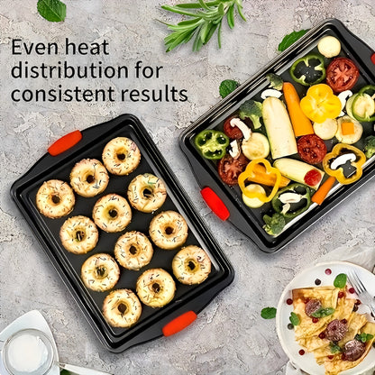 Carbon Steel Non-Stick Baking Pan Set 3-Piece – Commercial Restaurant Grade Oven Safe Bakeware with Red Silicone Handle Double-Sided Coating Sheet Pan Cookie Tray Roasting Pan