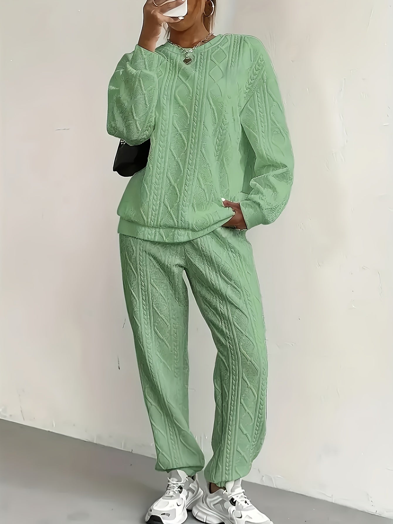 Women's 2-Piece Pullover Sweatsuit Set – Textured Jacquard Crewneck Long Sleeve Top & Sweatpants Tracksuit Breathable Casual Loungewear for Spring Summer S-XXL