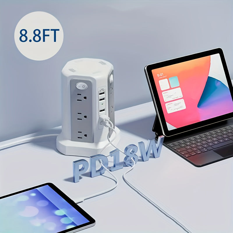 Power Strip Tower 16 AC Outlets 5 USB Ports USB-C PD20W 1500J Surge Protector Flat Plug Desktop Extension Cord