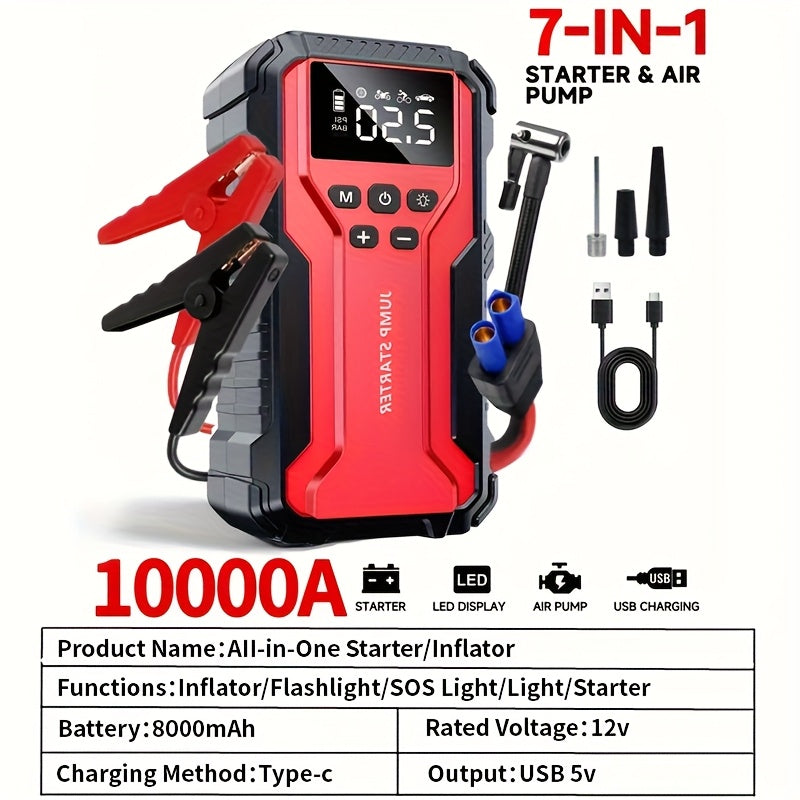 10000A Car Jump Starter 7-in-1 with 150PSI Air Compressor, Digital Tire Inflator, LED Emergency Light & USB Power Bank – Portable Battery Booster for Gas & Diesel Vehicles – Velora