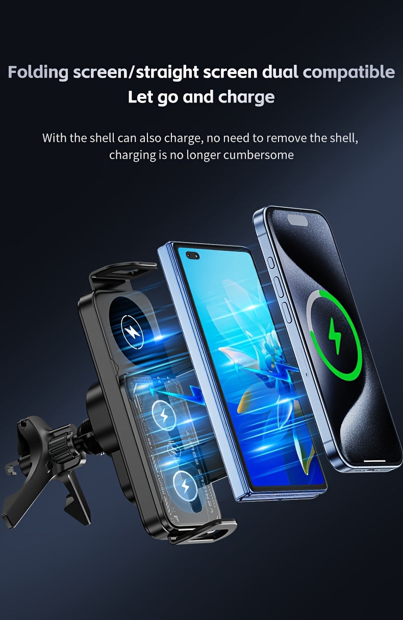 Car Mount with Wireless Fast Charging 15W - Compatible with iPhone 8 to 15 Series, Samsung Galaxy S and Note Series, Fold 5 and Fold 6, Supports Folding Screen Smartphones, USB Powered Dashboard Phone Holder