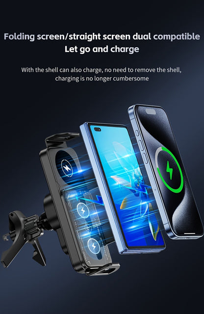 Car Mount with Wireless Fast Charging 15W - Compatible with iPhone 8 to 15 Series, Samsung Galaxy S and Note Series, Fold 5 and Fold 6, Supports Folding Screen Smartphones, USB Powered Dashboard Phone Holder