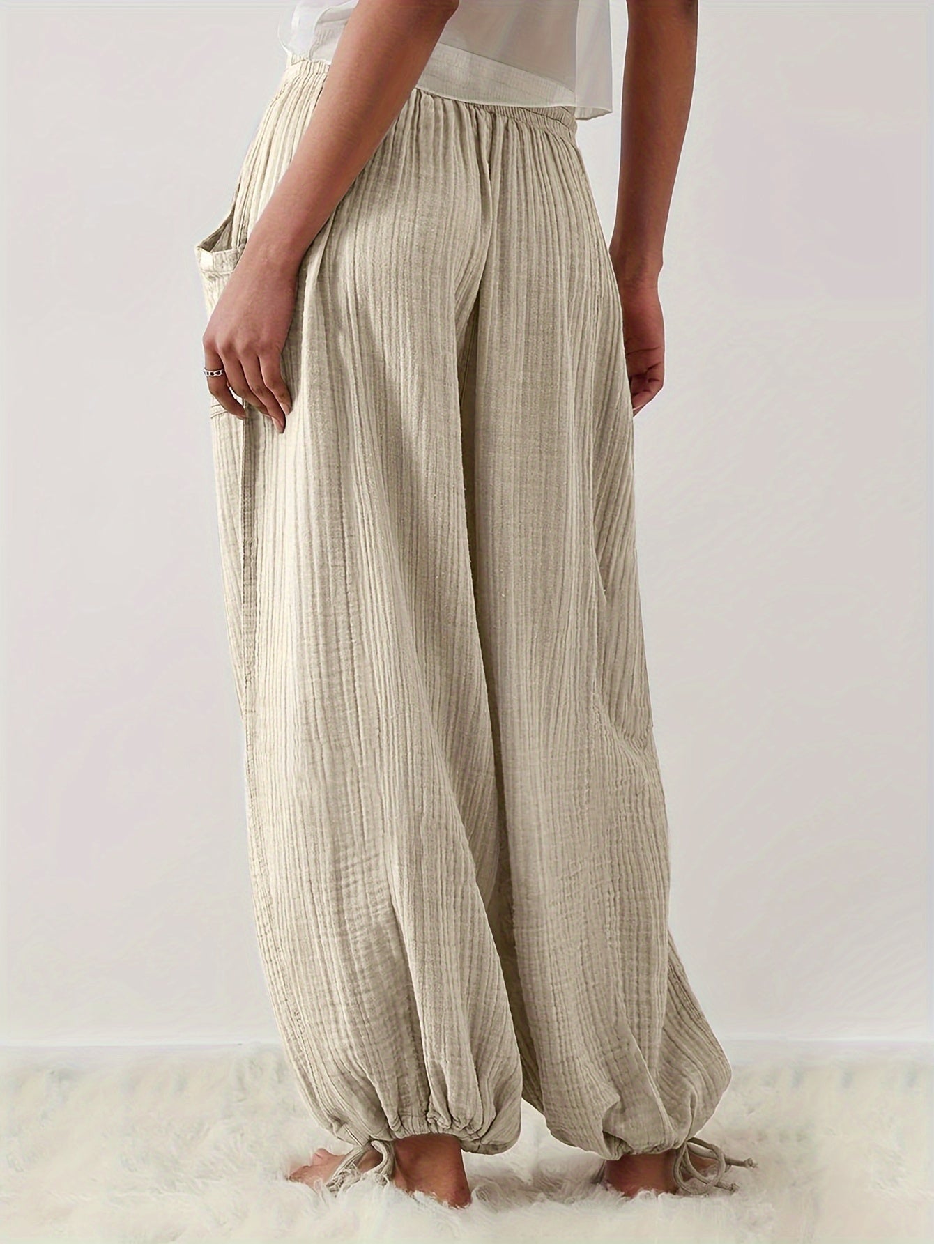 Women's Wide Leg Pants Casual Loose Fit High Waist Trousers with Pockets & Tie Waist – Khaki Apricot Green Blue-Green Spring Summer Flowy Palazzo Pants S-XXL