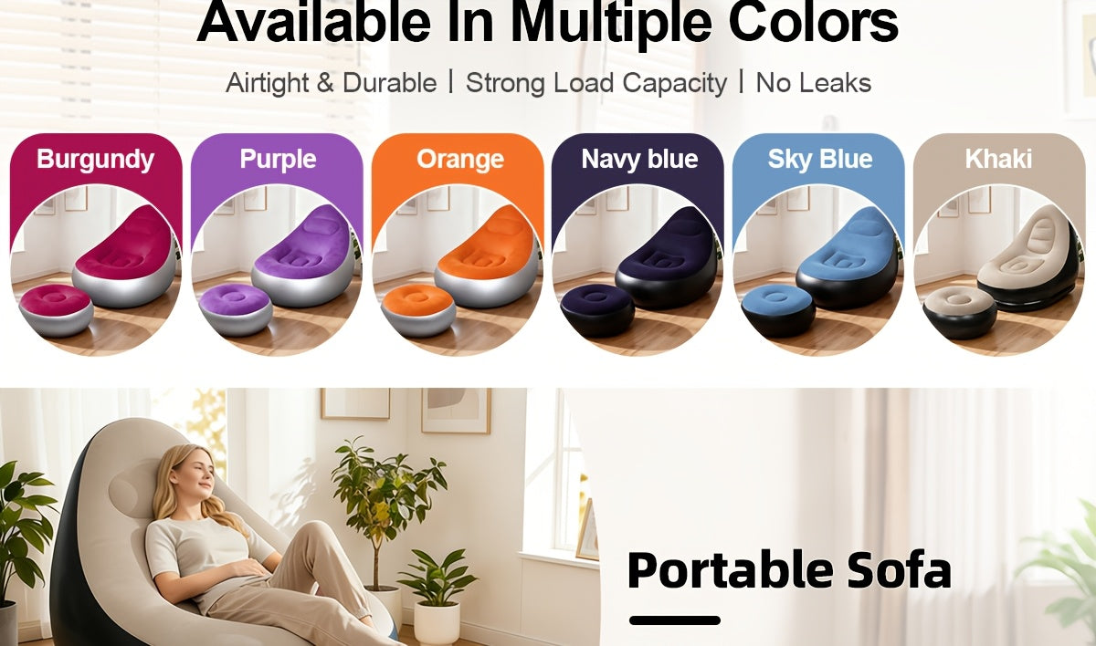 Inflatable Sofa Set 2 Piece Adult Recliner Lounge Chair with Footstool Plush Fabric Heavy Duty Portable Folding Air Couch with Pump Indoor Outdoor Camping Beach Living Room Patio