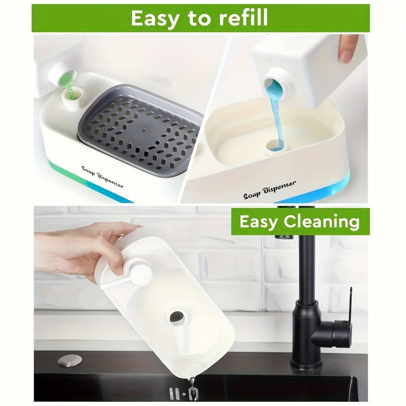 2-in-1 Soap Dispenser with Built-In Sponge Holder for Kitchen Sink – Countertop Pump Dispenser for Hand & Dish Soap, Detergent Dispenser, Easy Refill, Ideal Kitchen Organizer