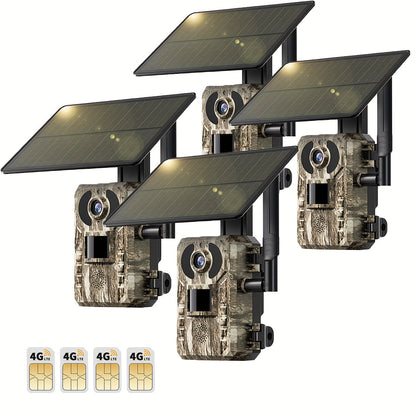 4G LTE Solar Trail Camera – 4K Live Video Remote Viewing, HD 82ft Night Vision, 0.2s Trigger, Built-In SIM Card, IP65 Waterproof, No WiFi Needed, Hunting Wildlife Camera 1pc/4pcs