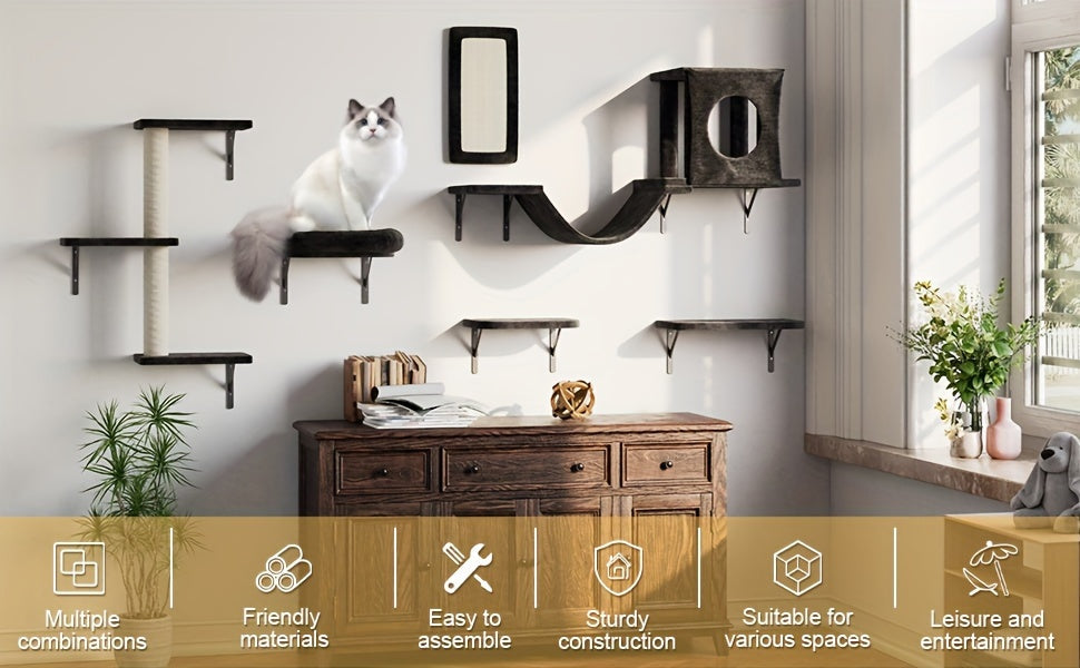 Wall Mounted Cat Climbing Shelf Set 7-Piece – Deluxe Indoor Cat Furniture with Condo, Shelves, Scratching Post, Bridge Ladder & Tunnel for All Cat Sizes