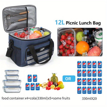 Large Capacity Insulated Cooler Bag Leakproof Portable Food Storage for Picnic Camping Beach Lunch, Durable Handle Soft Sided Cooler Tote with Thick Insulation - Black Navy Grey Khaki