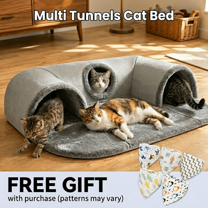 Cat Tunnel Bed with Memory Foam, Hanging Ball & Free Drool Bib – Detachable Plush Cat Condo Lounge, Machine Washable Pet Nest for Multi-Cat Households, Small to Medium Cats – Velora