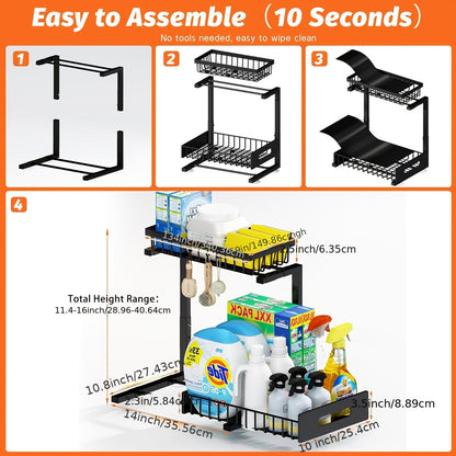 Metal Under Sink Organizer Pull Out Storage Shelf with Sliding Drawer - Under Sink Cabinet Organizer for Kitchen & Bathroom, Adjustable 2-Tier Rack, 1-Pack or 2-Pack