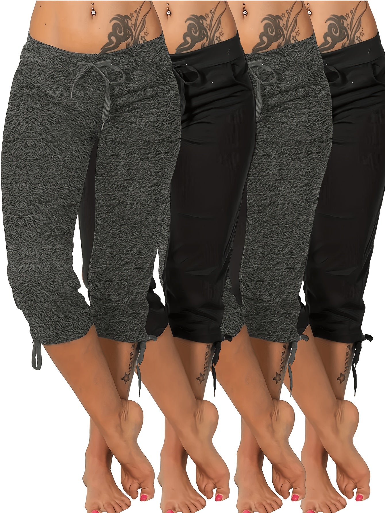 Women's Lightweight Cropped Trousers 4-Pack – Drawstring Waist Loose Fit Capri Pants, Casual Breathable Summer Bottoms for Women, Sizes S-XXL, Multiple Color Sets