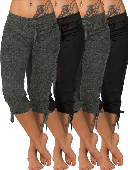 Women's Lightweight Cropped Trousers 4-Pack – Drawstring Waist Loose Fit Capri Pants, Casual Breathable Summer Bottoms for Women, Sizes S-XXL, Multiple Color Sets