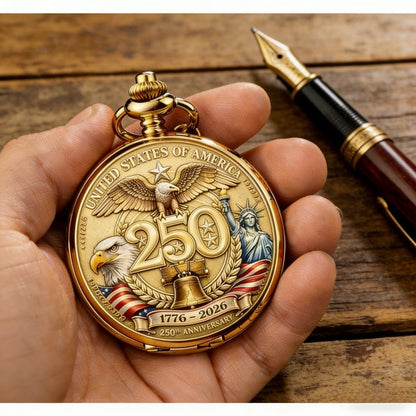 USA 250th Anniversary Pocket Watch 1776-2026 – Retro Wind-Up Timepiece with Bald Eagle & Statue of Liberty, Patriotic Commemorative Gift for History Buffs, Collectors & American Pride