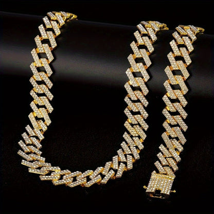 Cuban Link Necklace and Bracelet Set Rhinestone Zircon Bling Hip Hop Jewelry Set Gold Silver Rose Gold Y2K Punk Chain Set for Women Men Gift
