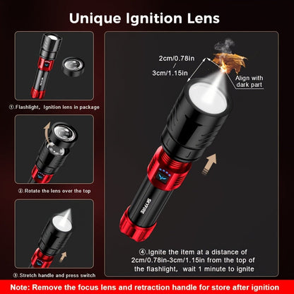 SKYFIRE 5000 Lumen LED Flashlight Rechargeable with Ignition Lens, Adjustable Focus & 4 Modes – Super Bright High Lumen Tactical Flashlight for Camping, Outdoor, Farm & Emergency Family Use