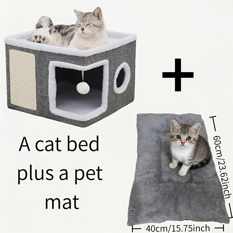 Foldable 2-Tier Cat House with Scratching Post, Plush Hanging Ball & Tunnel – Indoor Cat Cube Bed, Nylon Frame Canvas Construction, Space-Saving 16.5x16.5x13 Inch Design for Small Spaces