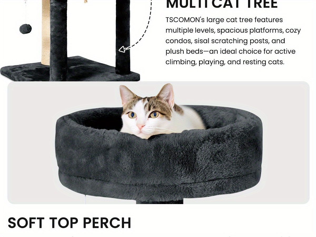 59" Multi-Level Cat Tower for Indoor Cats – Large Cat Tree with Plush Resting Area, Sisal Scratching Post & Hanging Ball Toy – Ideal for Bedroom, Living Room & Multi-Cat Households – Velora
