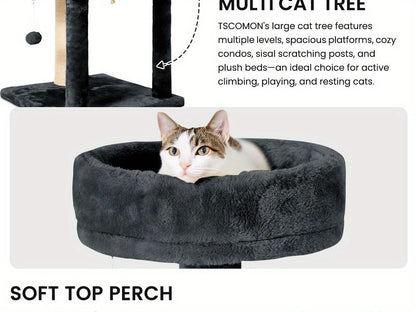59" Multi-Level Cat Tower for Indoor Cats – Large Cat Tree with Plush Resting Area, Sisal Scratching Post & Hanging Ball Toy – Ideal for Bedroom, Living Room & Multi-Cat Households – Velora