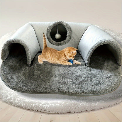 Cat Tunnel Bed with Memory Foam, Hanging Ball & Free Drool Bib – Detachable Plush Cat Condo Lounge, Machine Washable Pet Nest for Multi-Cat Households, Small to Medium Cats – Velora
