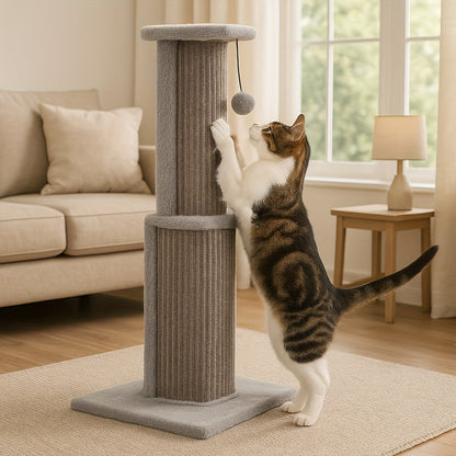 Cat Tree Tower Multi-Tier Sisal Scratching Post with Hanging Toys for Indoor Cats, Sturdy Cat Climbing Tower Activity Center for Energetic Cats, Available in Grey and Black