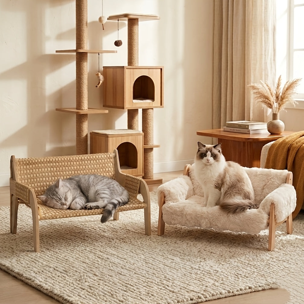 Elevated Pet Sofa Bed Solid Wood Dog Cat Lounge Chair with Bamboo Mat Modern Pet Furniture for Small Medium Dogs Cats Sturdy Stylish Gray White