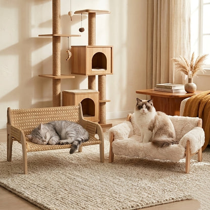 Elevated Pet Sofa Bed Solid Wood Dog Cat Lounge Chair with Bamboo Mat Modern Pet Furniture for Small Medium Dogs Cats Sturdy Stylish Gray White