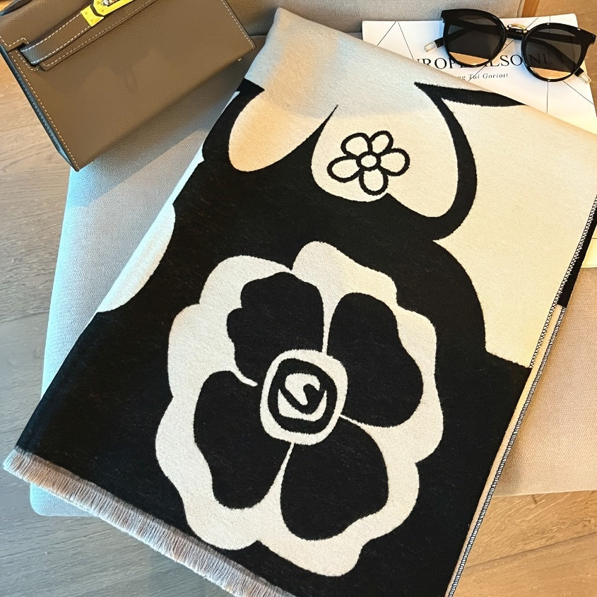 Women's Elegant Floral Print Shawl Scarf – Soft Warm Fleece-Like Texture, Lightweight Breathable Winter Wrap, Versatile Blanket Scarf for Casual & Formal Outfits