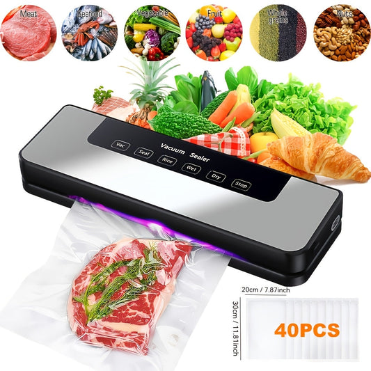 Vacuum Sealer Machine 65KPA 6-in-1 with 40 Free Bags – Wet & Dry Mode, Automatic Food Vacuum Sealing Machine for Food Storage & Preservation, Commercial & Household Kitchen Food Saver with External Hose