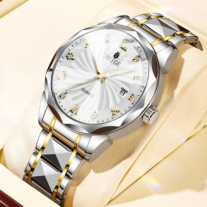 RUIGE Men's Fashion Quartz Watch – Night Light, Dual Calendar, Diamond Shaped Mirror Dial, Stainless Steel Case, Alloy Strap, Business Casual Wristwatch, Perfect Father's Day Gift for Men