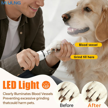 Quiet Dog Nail Grinder with LED Light – 3-Speed Rechargeable Electric Pet Nail Trimmer Kit, Painless Paw Grooming for Small Medium Large Dogs & Cats