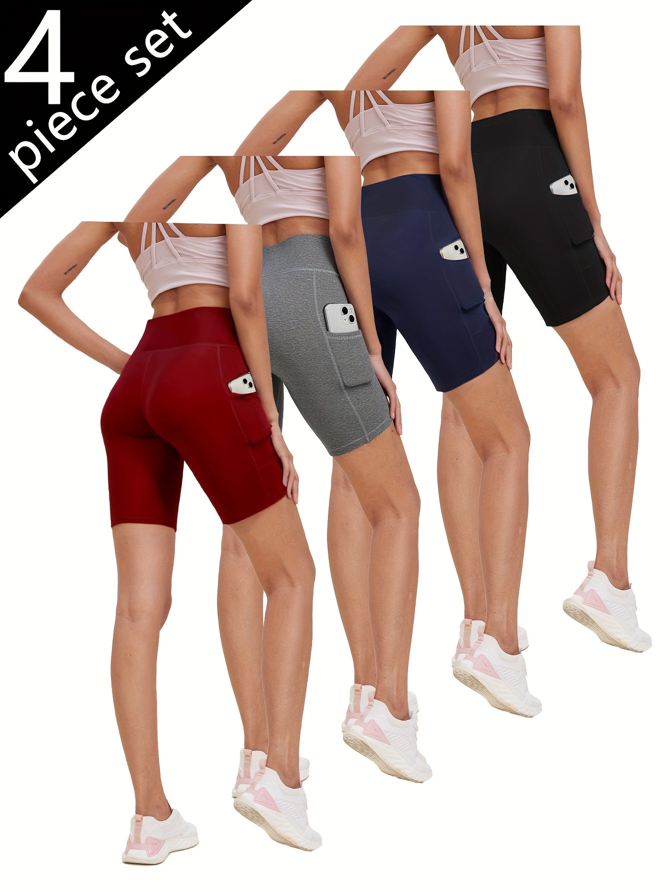 Women's High-Waisted Yoga Shorts 4-Pack Butt-Lifting 5-Pocket – Mid-Stretch Breathable Seamless Workout Shorts for Summer Yoga, Pilates & Gym Training (Red, Black, Gray, Navy Blue)