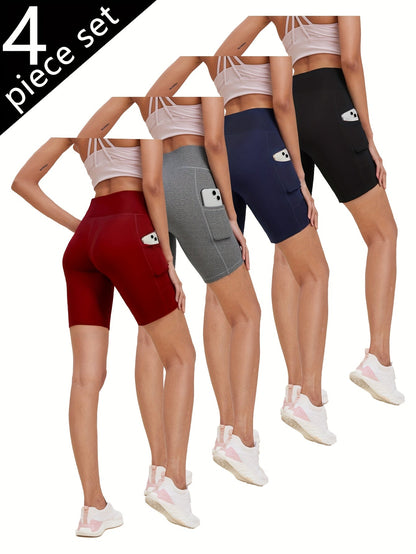 Women's High-Waisted Yoga Shorts 4-Pack Butt-Lifting 5-Pocket – Mid-Stretch Breathable Seamless Workout Shorts for Summer Yoga, Pilates & Gym Training (Red, Black, Gray, Navy Blue)