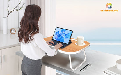Lap Desk for Laptop with USB Port Storage Drawer & Cup Holder – Walnut Wood Bed Tray Table for Eating Writing Sofa Couch Adults Students