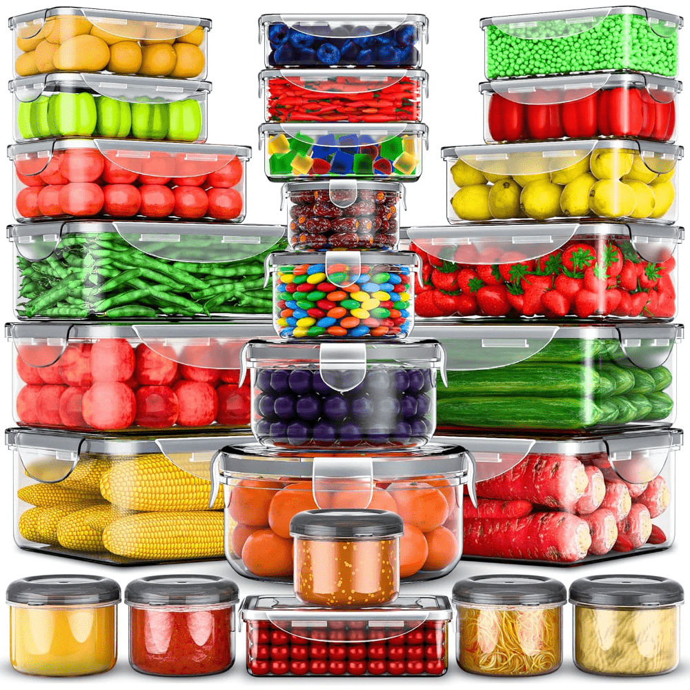 Stackable Food Storage Containers with Lids Set 12/24/48/50 Pieces - Leakproof Meal Prep Containers, Microwave Freezer Dishwasher Safe, Clear Plastic Containers for Leftovers, Fruits, Vegetables & Pantry