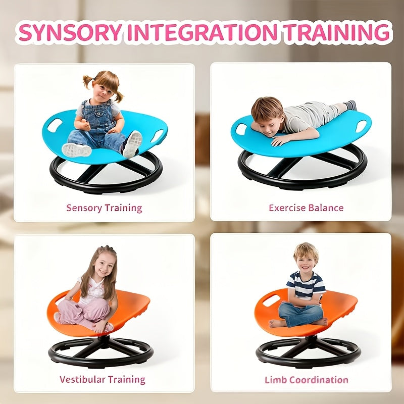Sensory Spin Chair for Kids with Autism ADHD – Oval Eggshell Spinning Stool Anti-Slip Metal Base, Vestibular Sensory Integration Therapy Equipment for Home & Classroom (Blue/Orange)