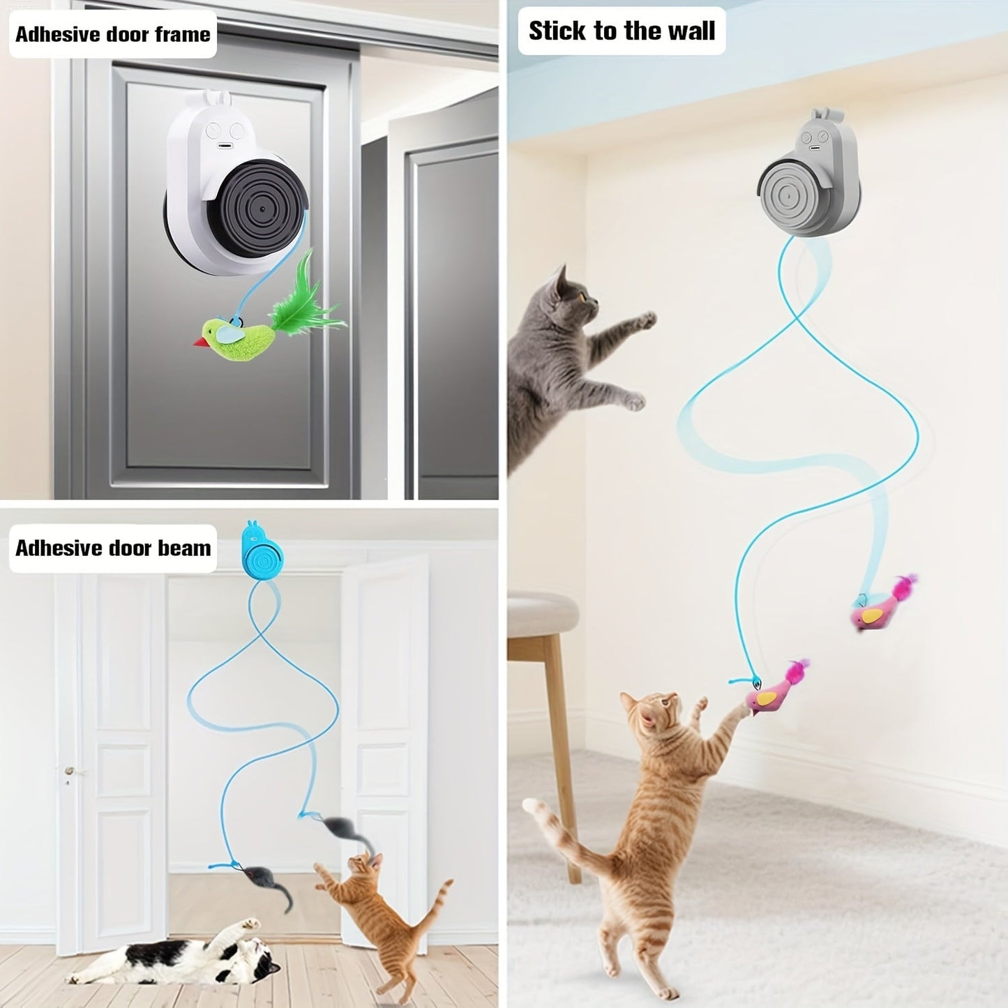 Interactive Cat Toy for Indoor Cats – Automatic Electric Flying Bird Feather Stick-On Hanging Self-Play Kitten & Adult Cat Enrichment Toy for Bored Cats, White Blue Grey