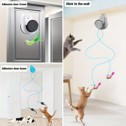 Interactive Cat Toy for Indoor Cats – Automatic Electric Flying Bird Feather Stick-On Hanging Self-Play Kitten & Adult Cat Enrichment Toy for Bored Cats, White Blue Grey