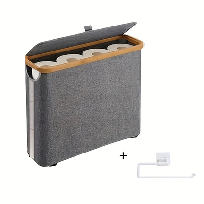 Bamboo Toilet Paper Holder Basket with Lid - Large 9-Roll Storage Organizer for Bathroom, Modern Minimalist Freestanding Toilet Paper Storage Cabinet in Black Beige Gray Pink