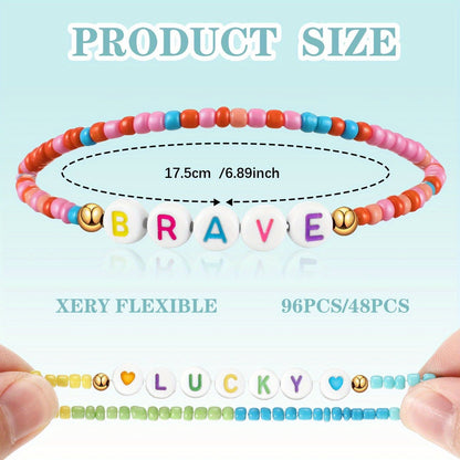 96 Pcs Y2K Beaded Friendship Bracelets Set – Colorful Stackable Bracelets for Women & Teen Girls, BFF Party Favors, Inspirational Gift, Trendy Jewelry Bulk Pack
