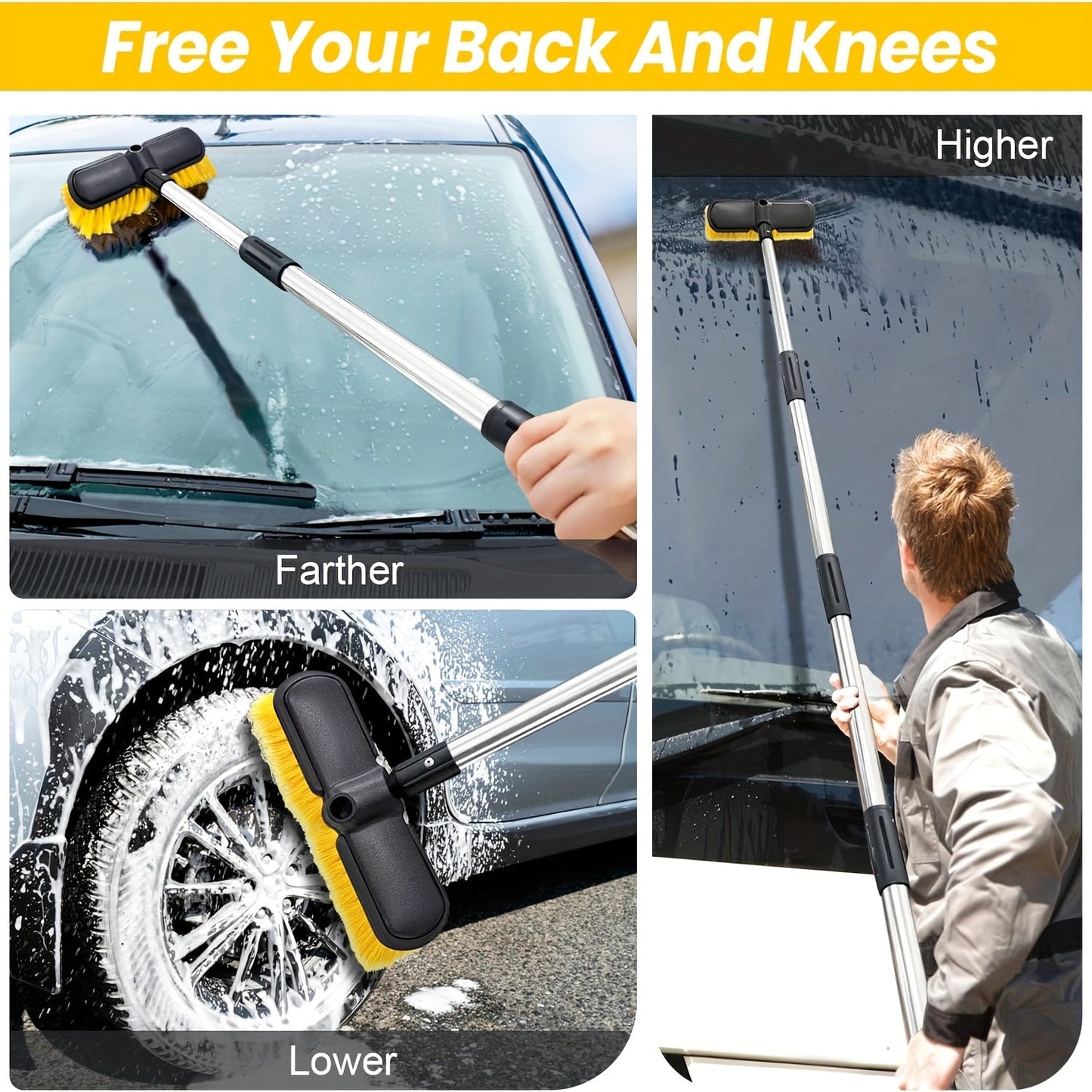 69 Inch Car Wash Brush with Long Handle 8-Piece Car Wash Kit – Tire Brush Window Squeegee Chenille Microfiber Mitt Detailing Brushes for Car Truck SUV RV – Extendable Car Cleaning Supplies