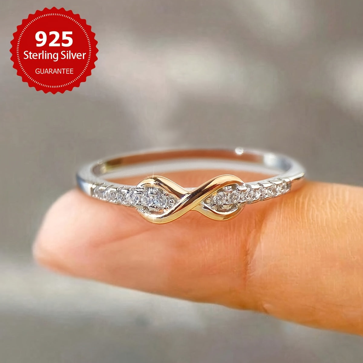 S925 Sterling Silver Lucky 8 Ring for Women – Cubic Zirconia Inlay, Two-Tone Color Separation Design, Elegant Stackable Band, Sizes 5-10, Exquisite Wedding & Gift Jewelry