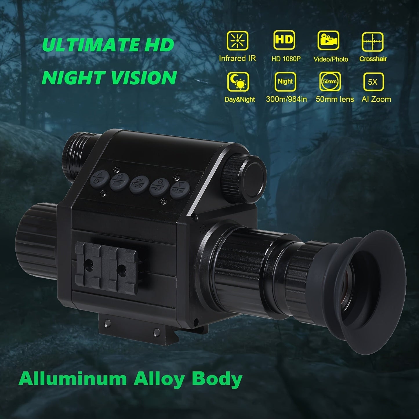 Digital Night Vision Scope for Hunting – Infrared Riflescope Monocular, 5X Zoom, HD 1080P Video Recording, 32GB TF Card & 2600mAh Battery, Built-In Reticle for Hunting, Camping & Wild Adventure