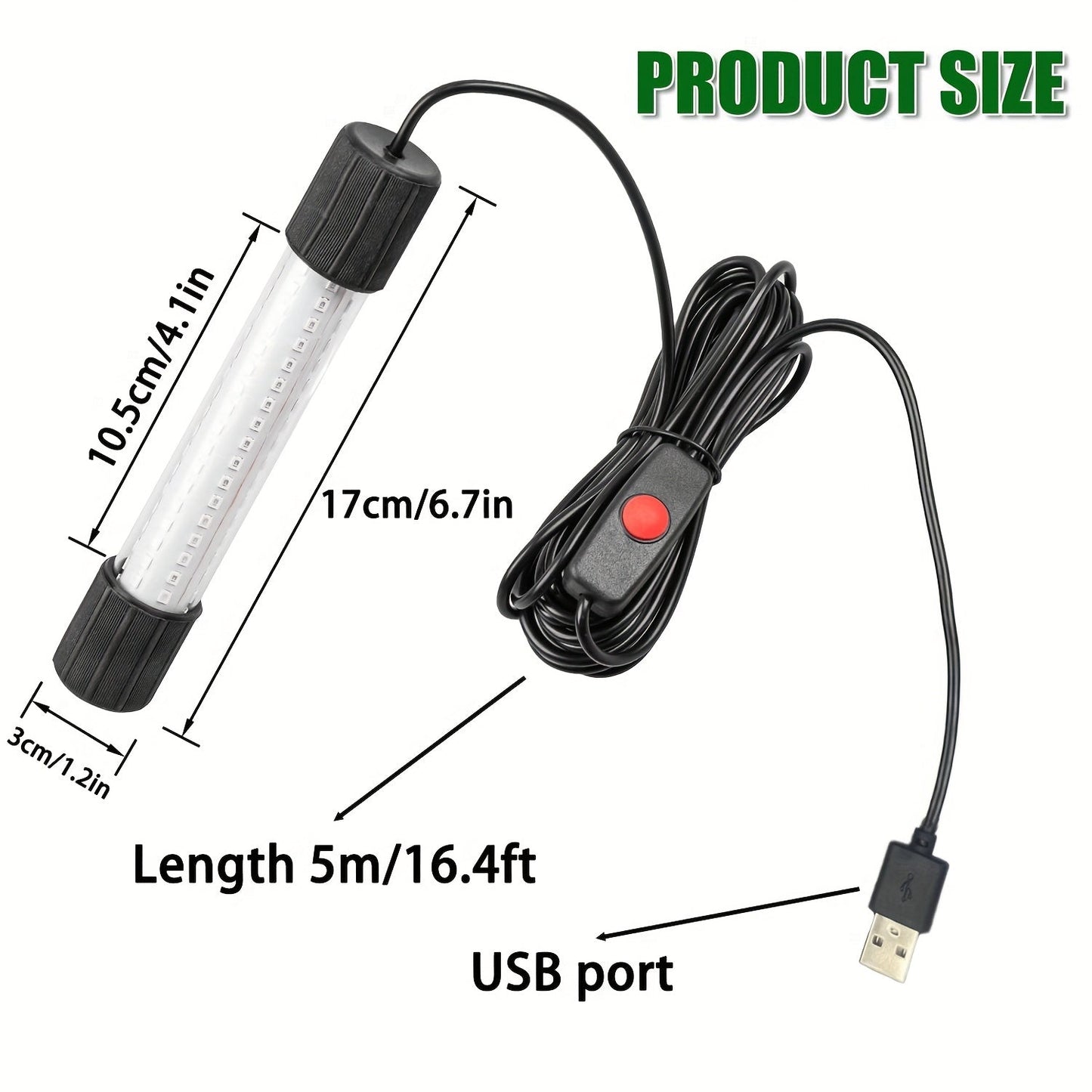 USB 126 LED Underwater Fishing Light with 5M Cord – Night Fish Attractor for Boat, Dock & Ice Fishing, Green & White Light Options, USB Powered Fish Finder Lamp