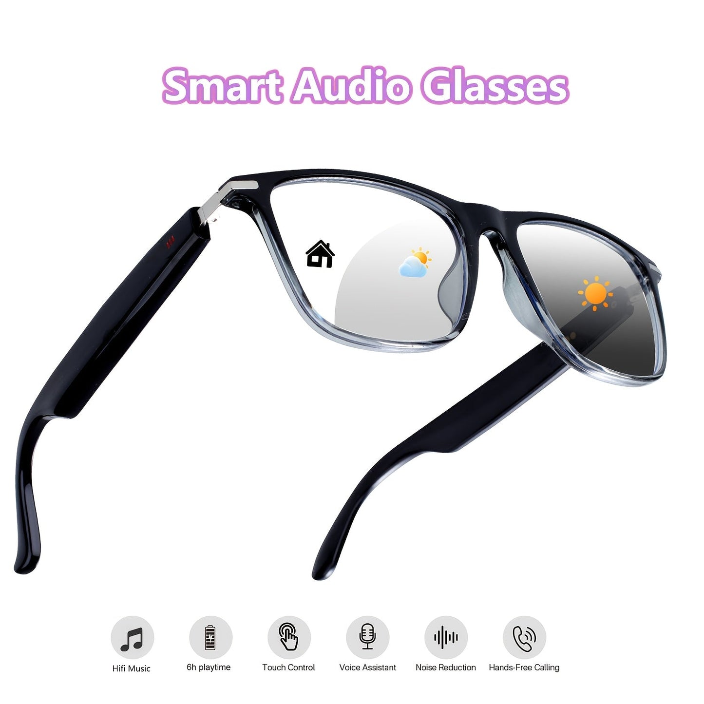 Photochromic Smart Glasses with Bluetooth Audio – Auto Color Changing Lenses, Anti Blue Light, Wireless Music & Calls, Sports Driving Unisex Eyewear, Great Holiday Gift